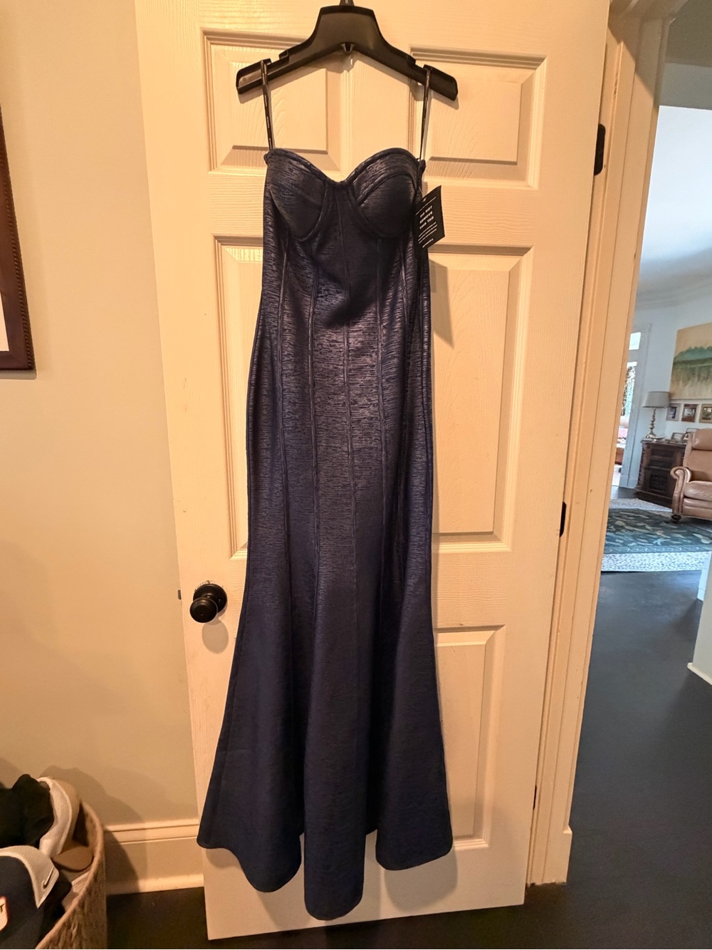 Retrofete Navy Strapless Satin Evening Gown